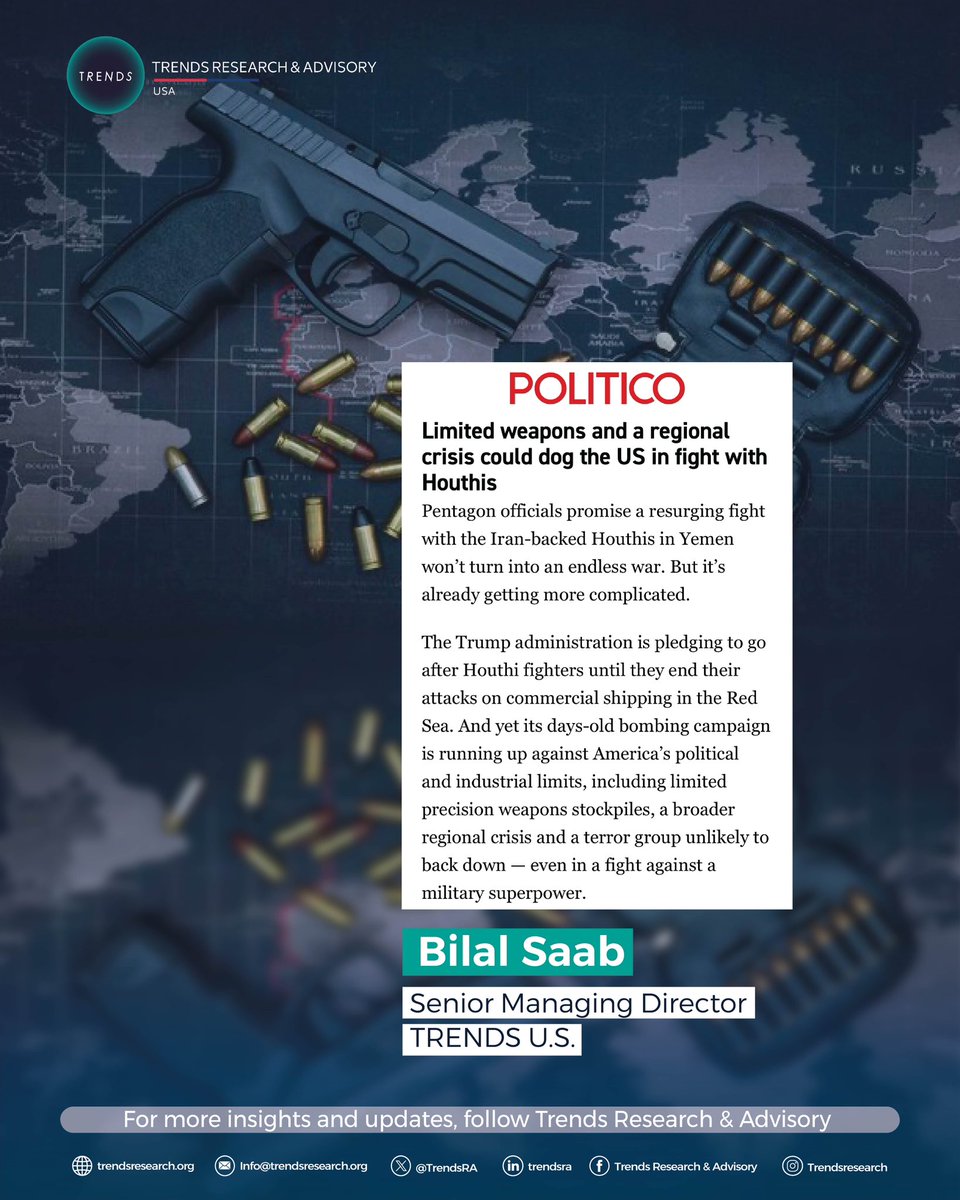 TrendsRA's tweet image. Bilal Y. Saab, Senior Managing Director of TRENDS US, was quoted in a Politico article titled "Limited weapons and a regional crisis could dog the US in fight with Houthis."

bit.ly/4ixp0uy

#TRENDSUS #MiddleEastSecurity