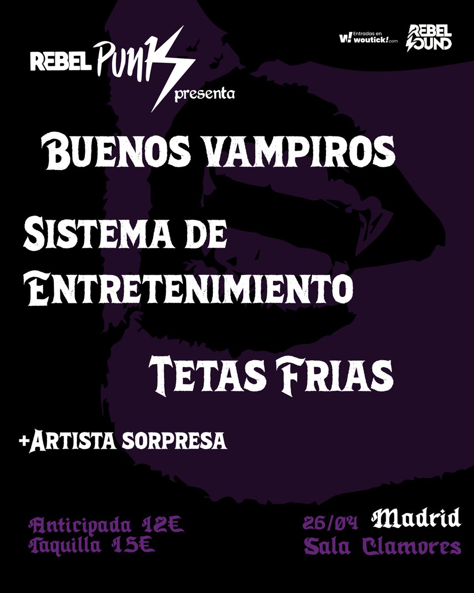 🩸 LOS VAMPIROS LLEGAN A LA CIUDAD 🩸

💥 Eventazo en Madrid: 

• Buenos Vampiros (llegados desde Argentina). 
• Sistema de Entretenimiento (reyes del Arcade Punk)
• Tetas Frías (turbo electro mega rock) 

🗓️ 26 DE ABRIL
📍 Sala Clamores (MADRID)

🎟️ Entradas ya en <a href="/woutick/">woutick!</a>