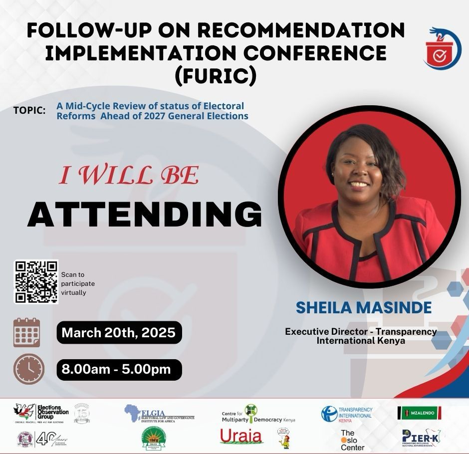 <a href="/TIKenya/">TI-Kenya</a>'s Executive Director, Sheila Masinde, will attend the Follow-up on Recommendation Implementation Conference (FURIC) tomorrow!

📢Wewe je?

#FURIC2025 #EyesOnElections
