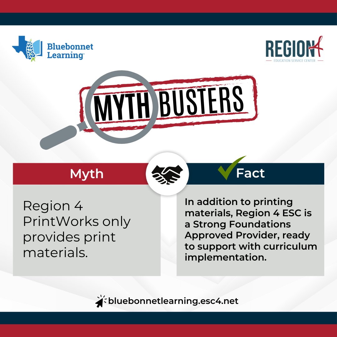 🚨 MythBuster Alert! 🚨

❌ Myth: Region 4 PrintWorks only provides print materials.
✅ Fact: Region 4 ESC is an Approved Provider of Strong Foundations—ready to help your district or charter adopt and implement Bluebonnet Learning successfully!

Bluebonnet Learning is 100%
