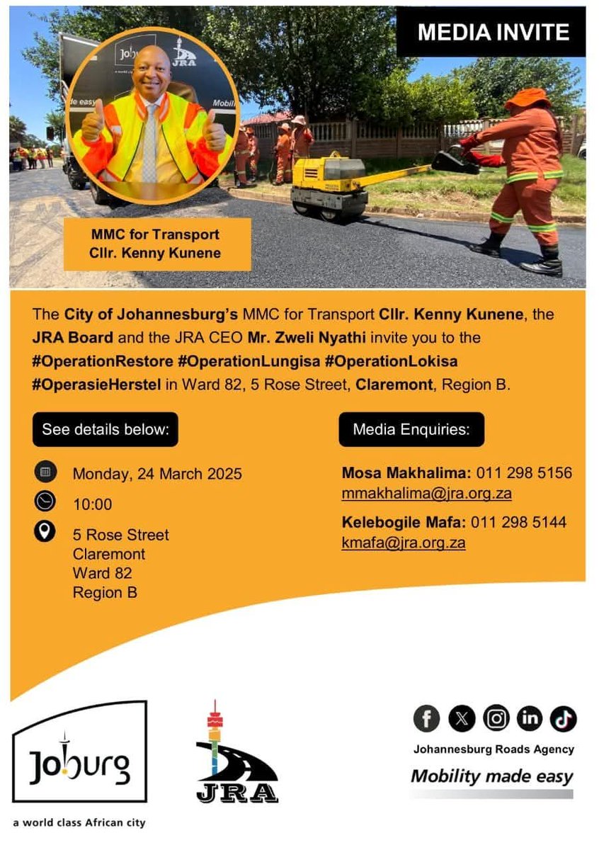 MMCKennyKunene's tweet photo. 📌#OperationRestore📌
Johannesburg MMC for Transport, Cllr. @Kenny_T_Kunene with the @MyJRA teams will be hosting #OperationRestore next week Monday, 24 March 2025, in Ward 82, Region B.
#OperationRestore #OperasieHerstel #KKatWork #MMCKKSupport
@CityofJoburgZA https://t.co/ELuLAgPca0