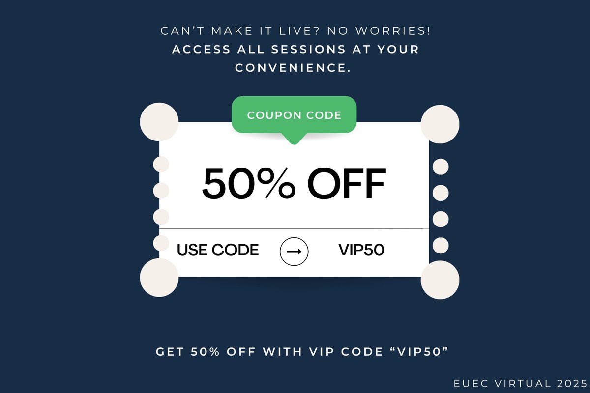 Can’t make it live? No worries!
Get 50% OFF access to all sessions options at your convenience with code VIP50 🎟️
🔹 Visit the Recorded Sessions tab on our website to explore all available sessions! Don't miss out—unlock insights anytime, anywhere!
#EUEC2025 #ConferenceDiscount