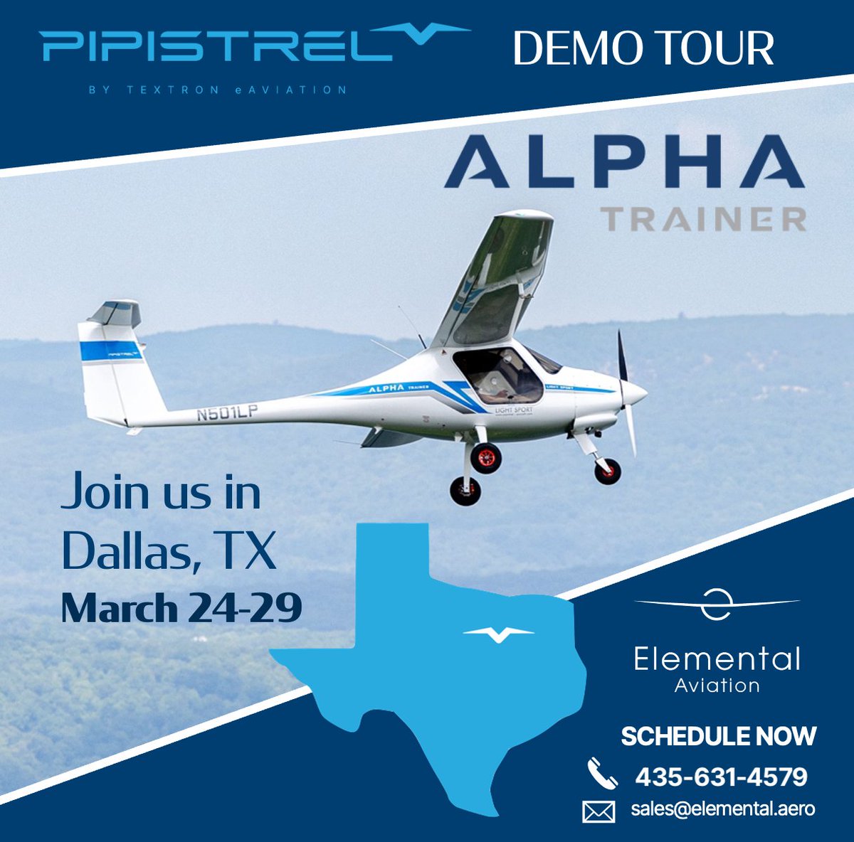 ElementalAvia's tweet image. Attention #Texas #aviators! 🙌 Experience the @pipistrelEU Alpha Trainer March 24-29 in Dallas, TX!  Here&apos;s a preview of our #pipistrel demo tour stops:

📍 KTRL 
📍 KLNC
📍 KFTW
📍 KFWS
📍 KCPT (pancake breakfast fly-in 3/29)

Your airport not on the list? Give us a call! 📲