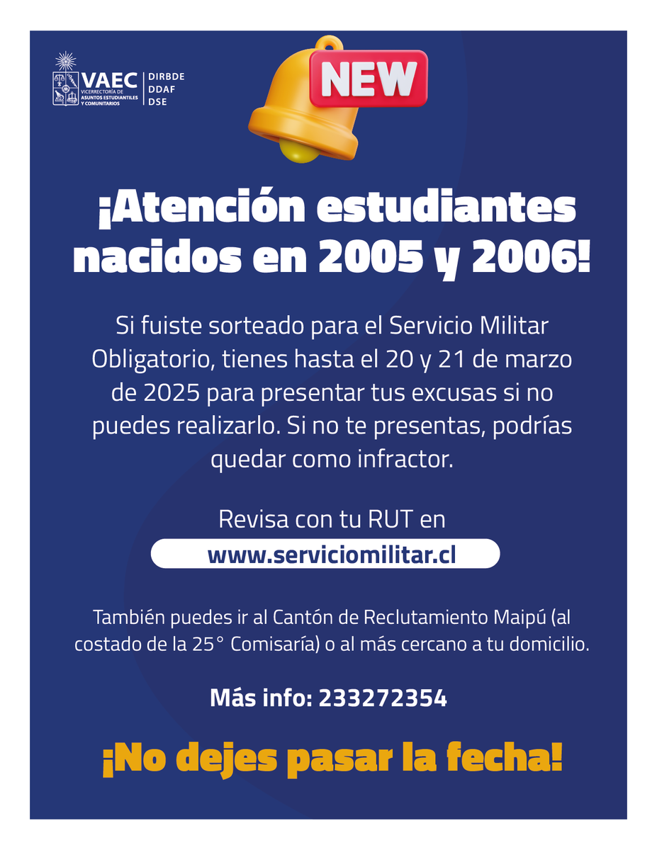 📢 ¡Atención estudiantes nacidos en 2005 y 2006! 📢  

Si fuiste sorteado para el #ServicioMilitarObligatorio, tienes hasta el 20 y 21 de marzo de 2025 para presentar tus excusas si no puedes realizarlo.