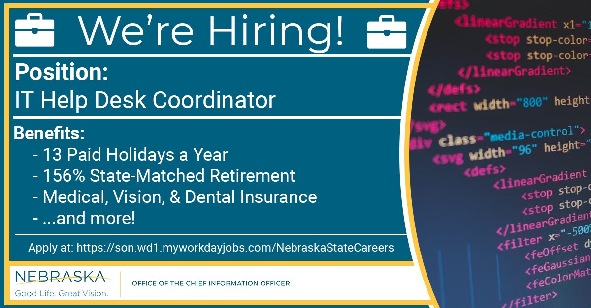 The OCIO Service Desk is looking for a full-time Help Desk Coordinator to assist our customers. If you're interested in helping others, learning technology, and improving your customer service skills, consider joining our team today!

son.wd1.myworkdayjobs.com/en-US/Nebraska…