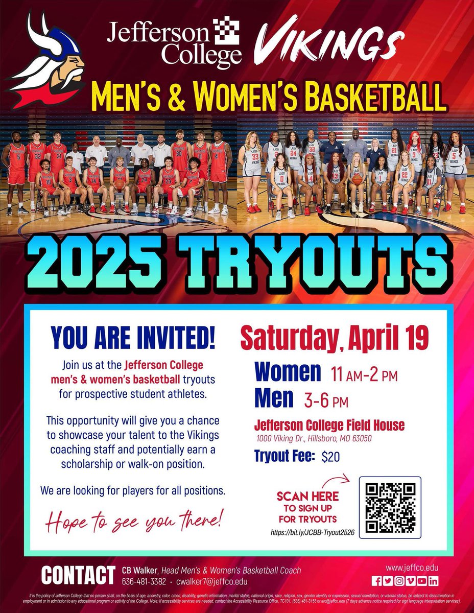 🚨 Future Vikings, It’s Your Time! 🚨

🏀 JeffCo Basketball Tryouts are 1 MONTH AWAY! Think you’ve got what it takes? Show us on Saturday, April 19th, at the Jefferson College Field House!

🔥 All positions open! 💰Fee: $20

This is your shot to join Viking Nation! Don’t miss it!