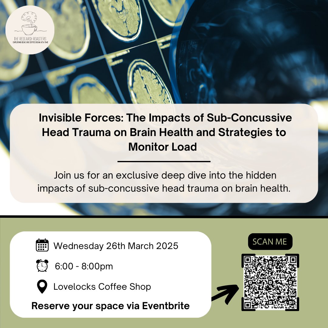 LJMU Sport Science (@ljmusportsci) on Twitter photo 📢Upcoming <a href="/researchroaster/">The Research Roasters</a> event on March 26th from 6-8pm at <a href="/LovelocksC/">LovelocksCoffeeShop</a> led by PhD student James Harrison.
Learn about the hidden dangers of sub-concussive head trauma, which is common in sports, the military, and law enforcement, but often overlooked.
James will discuss his 📢Upcoming <a href="/researchroaster/">The Research Roasters</a> event on March 26th from 6-8pm at <a href="/LovelocksC/">LovelocksCoffeeShop</a> led by PhD student James Harrison.
Learn about the hidden dangers of sub-concussive head trauma, which is common in sports, the military, and law enforcement, but often overlooked.
James will discuss his