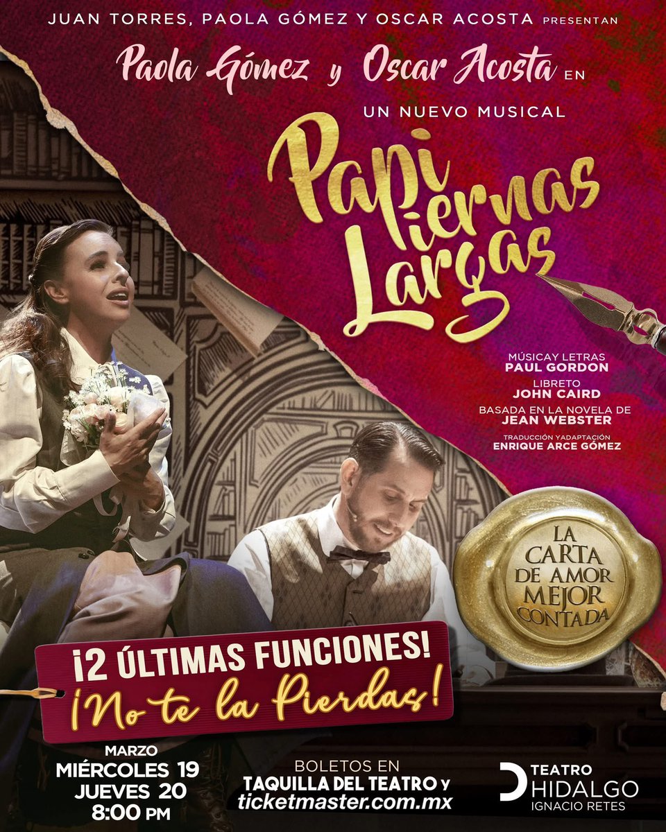 Últimas 2 funciones de #PapiPiernasLargas
Adaptación musical de la novela "Daddy Long Legs", escrita por Jean Webster en 1912.

El musical mantiene la esencia de la obra literaria, pero con un toque más moderno y musical.
 📍 Teatro Hidalgo
🎟️ Taquilla 
#CarteleraPinPoint #Teatro