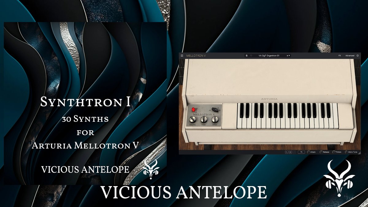 ViciousAntelope's tweet image. Explore 30 unique, experimental, vintage-inspired synth sounds with Synthtron I! 

Designed for Mellotron V &amp;amp; Analog Lab V, it’s your gateway to timeless tones &amp;amp; bold sonic exploration.

🎶 Just 5,00 €!

viciousantelope.com/product-page/s…

#SynthPresets #MellotronV #AnalogLabV…