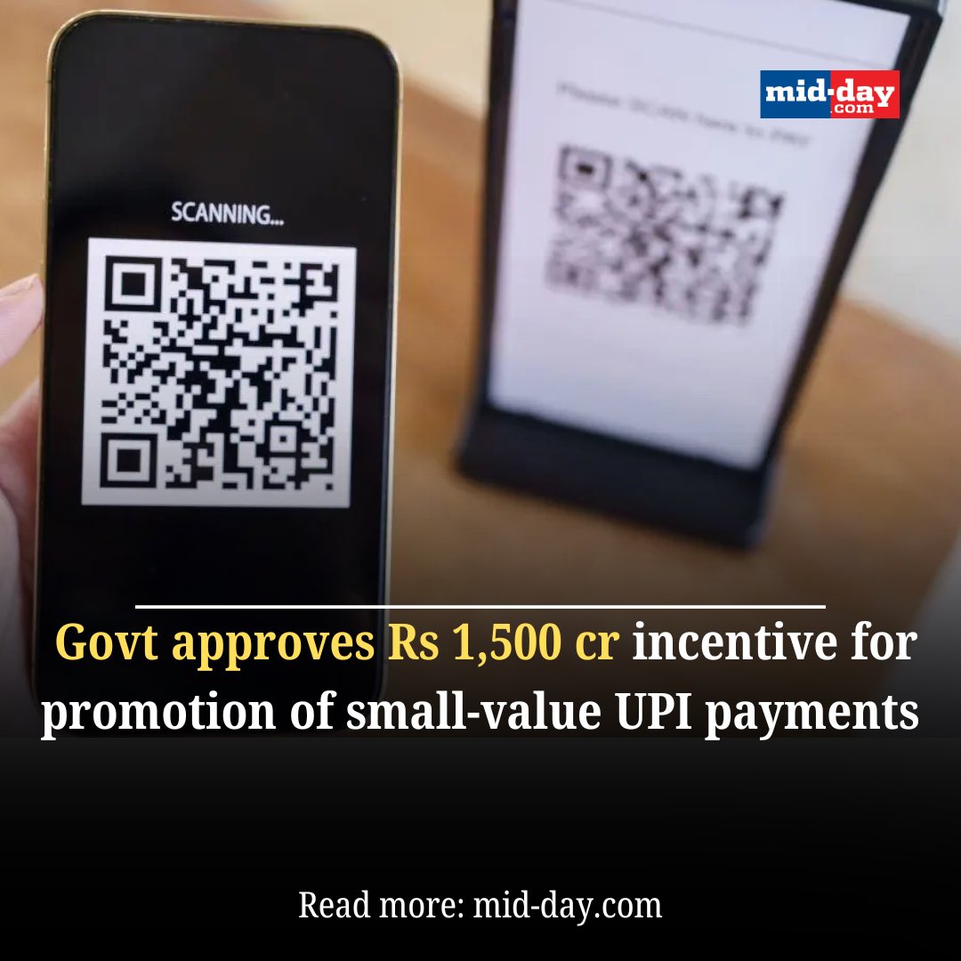 mid_day's tweet image. Govt approves ₹1,500 crore incentive to promote small-value BHIM-UPI transactions (P2M) up to ₹2,000, benefiting common people &amp;amp; small merchants. 

#DigitalIndia #UPI #FintechGrowth 

mid-day.com/news/india-new…