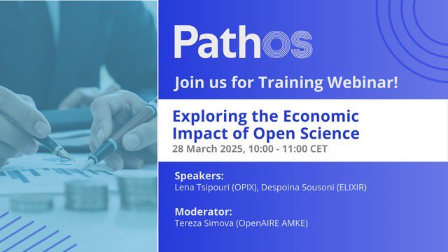 PathOS (@pathos_eu) on Twitter photo Join #PathOS Online Training: The Economic Impact of Open Science
When? March 28 | 10:00 CET
Join experts Lena Tsipouri (OPIX) & Despoina Sousoni <a href="/ELIXIREurope/">ELIXIR Europe</a> as they explore key insights, case studies & policy recommendations.
-Register now: tinyurl.com/2p8jyrc3 Join #PathOS Online Training: The Economic Impact of Open Science
When? March 28 | 10:00 CET
Join experts Lena Tsipouri (OPIX) & Despoina Sousoni <a href="/ELIXIREurope/">ELIXIR Europe</a> as they explore key insights, case studies & policy recommendations.
-Register now: tinyurl.com/2p8jyrc3