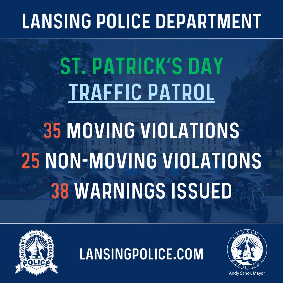 🍀We’re feeling lucky in the Capital City this year🍀

We stayed plenty busy on St. Patrick’s Day, but fortunately, not a single OWI arrest was made!

A huge thank you to Lansing drivers for making the right call and keeping our roads safe.