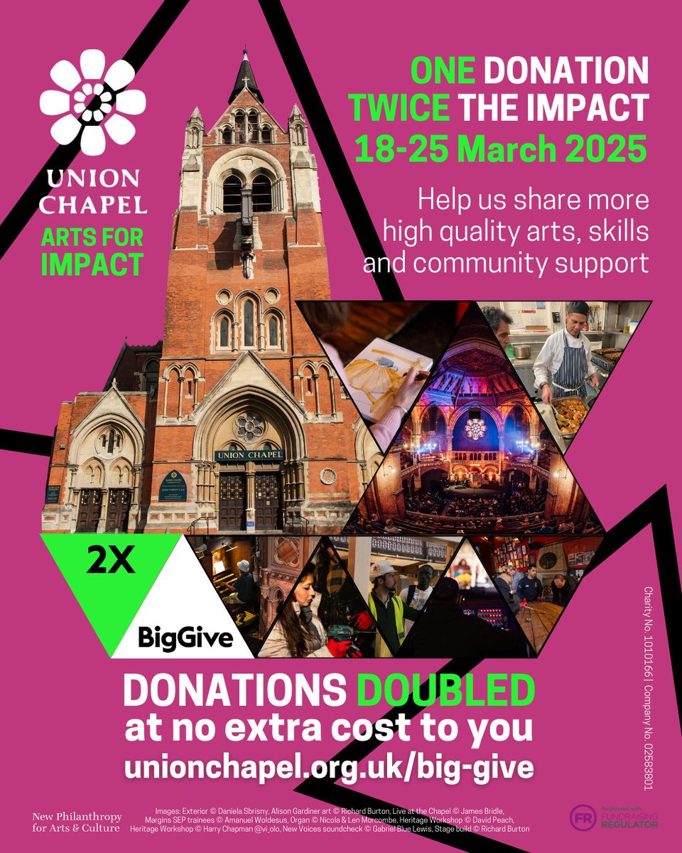 UnionChapelUK's tweet image. Music, heritage, community support: Your donation fuels our arts &amp;amp; impact programmes and activities at unionchapel.org.uk/big-give and is doubled at no extra cost to you til midday 25 March.

@BigGive #GoodCause #UnionChapel #ArtsForImpact #ArtsForSocialChange #GiveBack #ArtsHeritage