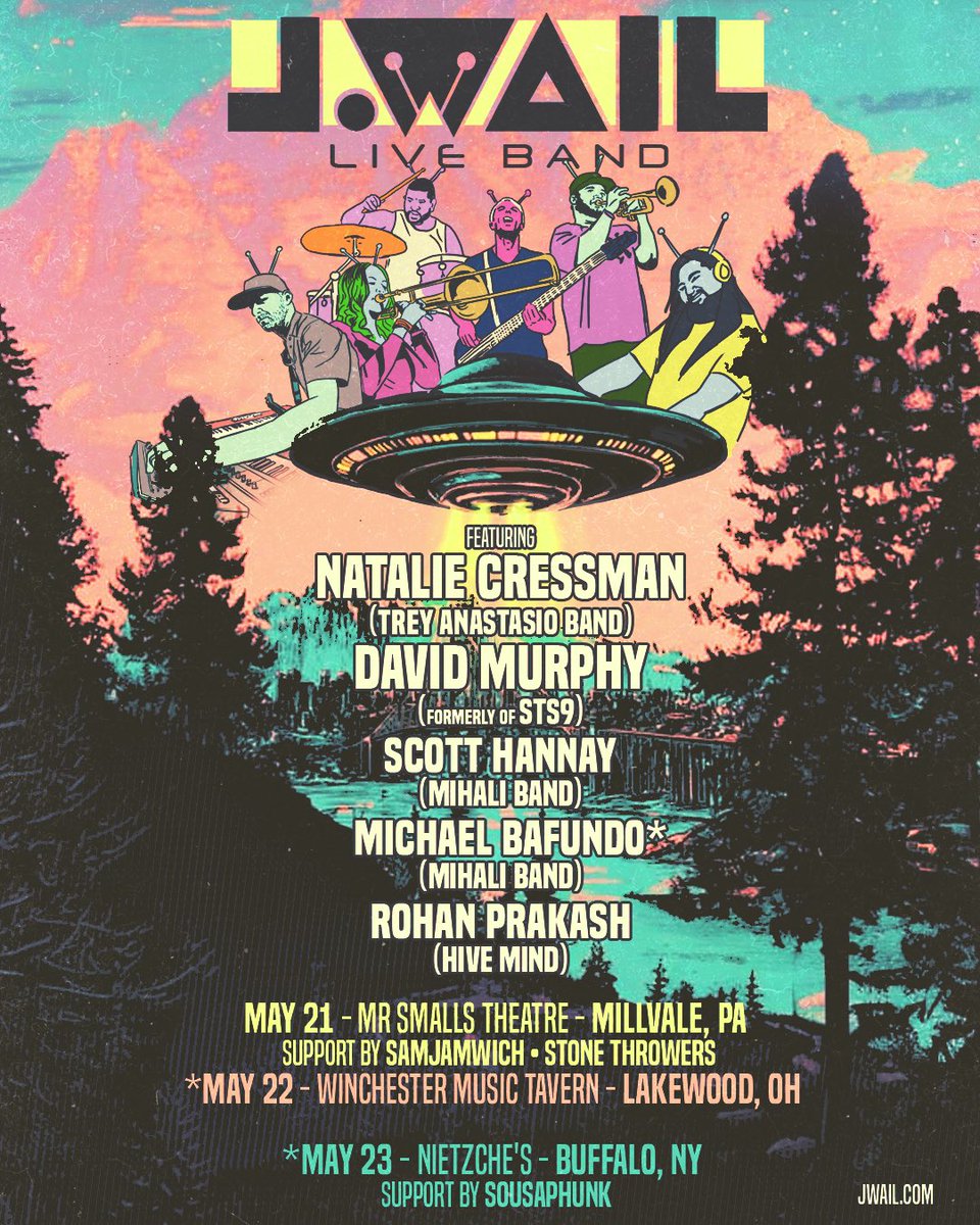 There’s a UFO over the Great Lakes and Steel City and it’s flying in with J.Wail Live Band. This Spring the wailian spaceship heads to Pittsburgh, Ohio and Buffalo for 3 electro funky euphoric nights!  

Tickets on sale now at jwail.com/shows  💃🛸🕺🏻👽