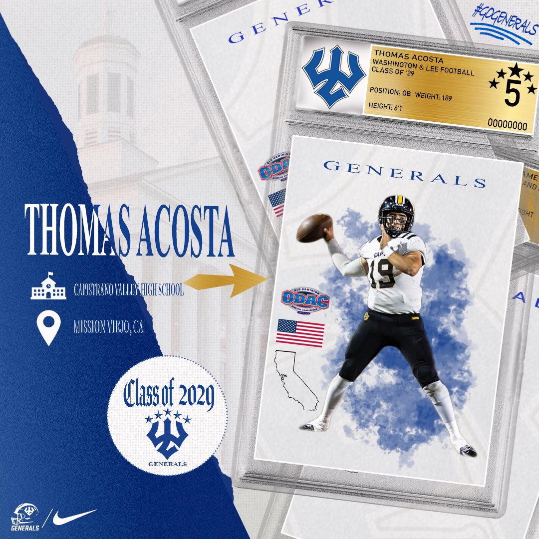 Generals_Fball's tweet photo. It’s time to introduce the future of Generals football—the Class of 2029. Stay tuned as we highlight the newest playmakers ready to make an impact!

Meet Tommy Acosta, a QB from Mission Viejo, California. A poised playmaker ready to lead the next generation of Generals! #B16 #GWD https://t.co/qVWGAn8Eu8