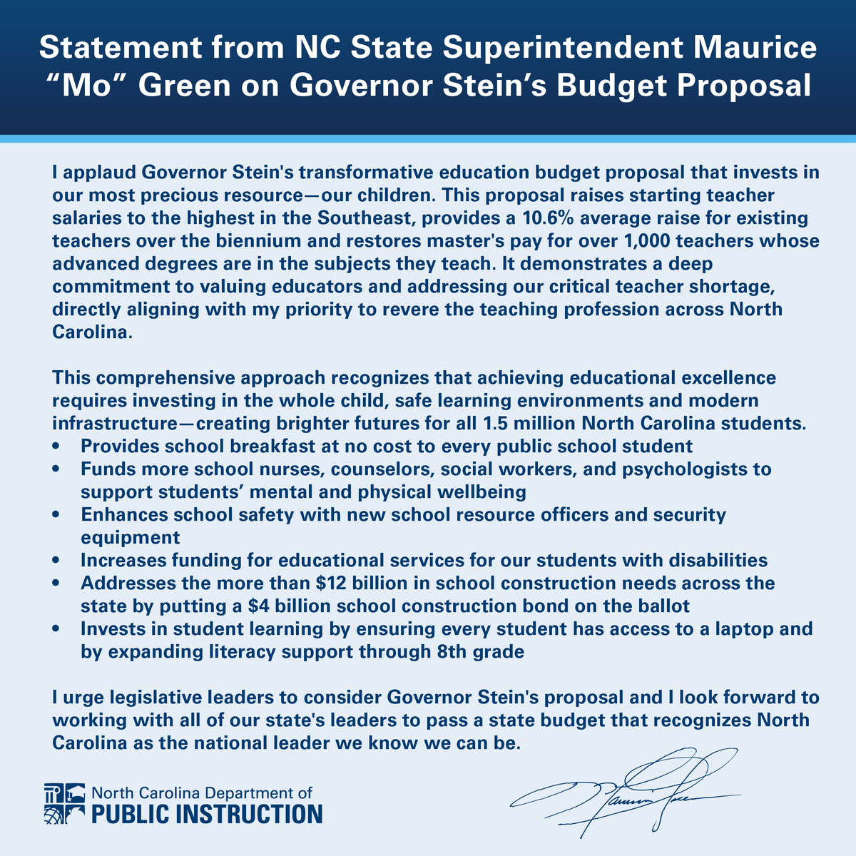 MoGreenNCDPI's tweet photo. I applaud @NC_Governor's transformative education budget proposal that invests in our most precious resource—our @ncpublicschools children.
I urge @NCLeg leaders to consider Governor Stein's proposal and I look forward to working with all of our state's leaders to pass a state budget that recognizes North Carolina as the national leader we know we can be. #nced #ncpol  
Full statement ⬇️
