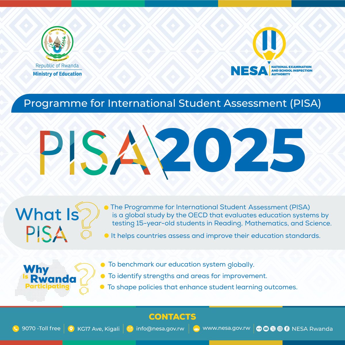 🇷🇼 Rwanda will participate in PISA 2025! This OECD study assesses 15-year-old students in Reading, Maths &amp; Sciences.
🔹 Why is Rwanda participating?

✅ Benchmarking our education globally
✅ Identifying our strengths &amp; gaps
✅ Improving our policies for better learning outcomes