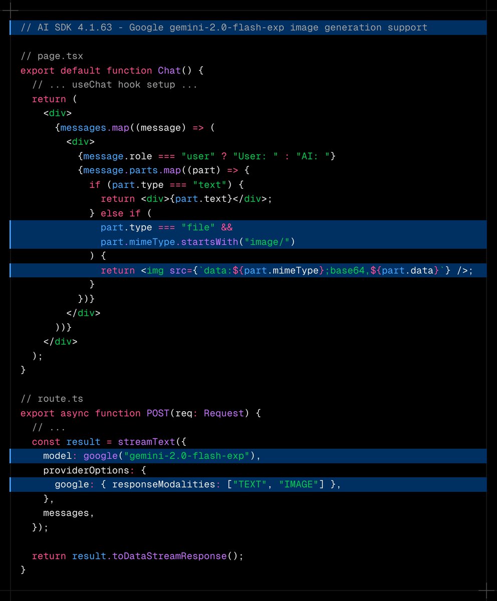 aisdk's tweet image. Add image generation to your chatbot with Google gemini-2.0-flash-exp.