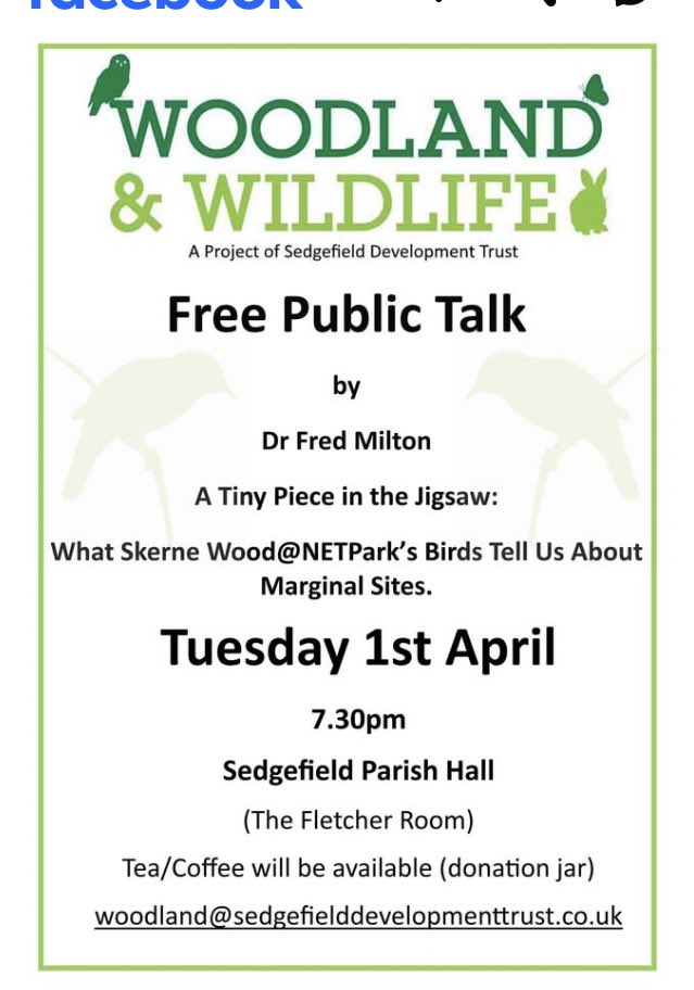 I’m delivering a talk to Sedgefield local community Tues 1 April 7.30pm to provide a short history of Skerne Wood at Netpark emphasising its history, bird life &amp; its importance as a fantastic wildlife site &amp; community green asset. All welcome! <a href="/teesbirds1/">teesbirds</a> <a href="/DurhamBirdClub/">Durham Bird Club</a>