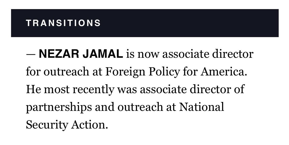 Nezar Jamal (@nezjamal) on Twitter photo Some ✨ personal news ✨ as they say: I’m excited to be starting at <a href="/FP4America/">Foreign Policy for America</a> this week helping lead our work in DC, NYC, and Chicago.
Now more than ever, America needs to be a principled leader around the world, and I’m excited to get to work with this awesome team! 🌎 Some ✨ personal news ✨ as they say: I’m excited to be starting at <a href="/FP4America/">Foreign Policy for America</a> this week helping lead our work in DC, NYC, and Chicago.
Now more than ever, America needs to be a principled leader around the world, and I’m excited to get to work with this awesome team! 🌎