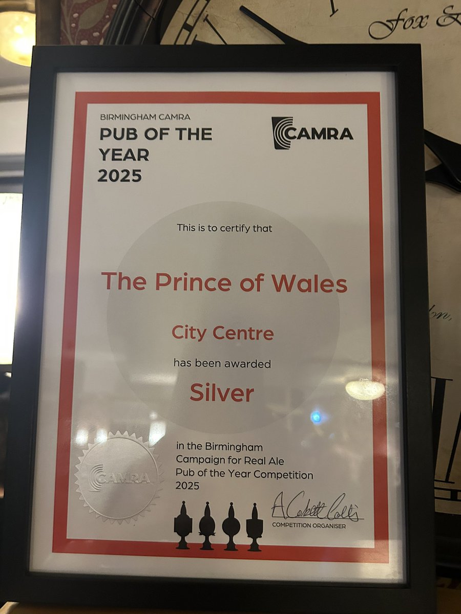 Congratulations to The Prince of Wales pub on Cambridge Street, Birmingham on winning the Silver award in the Birmingham CAMRA Pub of the Year 2025 competition.

Well done Jo Cundale and staff.