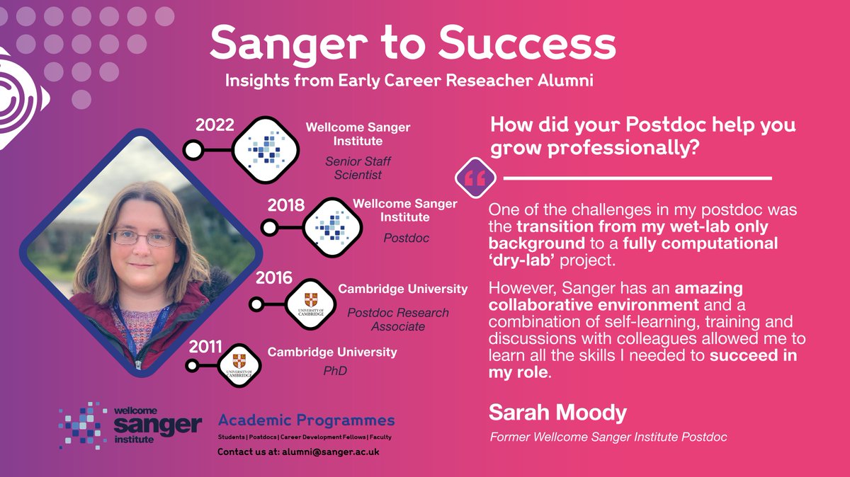 Sanger Careers (@sangercareers) on Twitter photo We are wrapping up this Sanger Alumni Series with Sarah- who helped uncover mutational causes of cancer in the Mutographs Project & now continues her research <a href="/sangerinstitute/">Wellcome Sanger Institute</a> as a Senior Staff Scientist.
More inspiring alumni stories coming soon!
#SangerAlumni #SangerSpotlight We are wrapping up this Sanger Alumni Series with Sarah- who helped uncover mutational causes of cancer in the Mutographs Project & now continues her research <a href="/sangerinstitute/">Wellcome Sanger Institute</a> as a Senior Staff Scientist.
More inspiring alumni stories coming soon!
#SangerAlumni #SangerSpotlight
