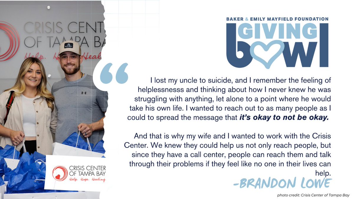 We are so grateful for our continued partnership with Brandon and Madison Lowe and the awareness they bring to suicide prevention resources. Help us make it through Round 2 of the #GivingBowl and continue to support these vital services in our community. Donate here: