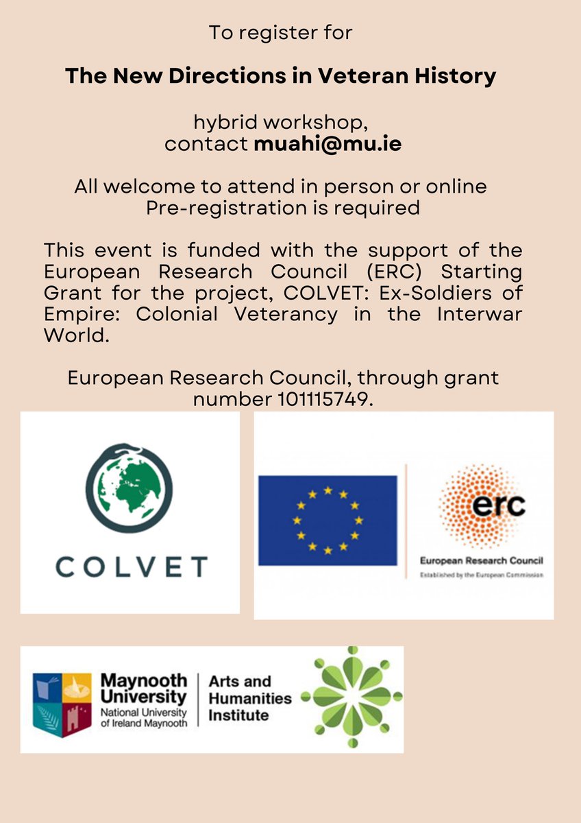 Hayley Brabazon (@haylesbrabz) on Twitter photo I am very excited to be participating in the
<a href="/ColonialVetsERC/">COLVET- Colonial Veterans ERC Project</a> workshop on April 02 at <a href="/MaynoothUni/">Maynooth University</a>. The theme is New Directions in Veteran History.
Details are below for what promises to be a fantastic event!
<a href="/DCUHist_Geog/">DCU History & Geog</a> I am very excited to be participating in the
<a href="/ColonialVetsERC/">COLVET- Colonial Veterans ERC Project</a> workshop on April 02 at <a href="/MaynoothUni/">Maynooth University</a>. The theme is New Directions in Veteran History.
Details are below for what promises to be a fantastic event!
<a href="/DCUHist_Geog/">DCU History & Geog</a>