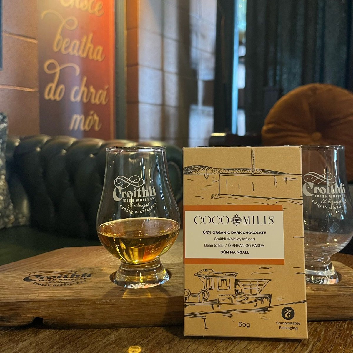 Donegal_food's tweet photo. @crolly180 &amp; #CocoMilisChocolate have joined forces to create a unique whiskey-infused chocolate. Aged in whiskey casks for two months, this handcrafted bar blends smooth Irish whiskey with rich 63% dark chocolate.

#CrollyDistillery #BuyDonegal #IrishWhiskey https://t.co/pfeHIoYnc3