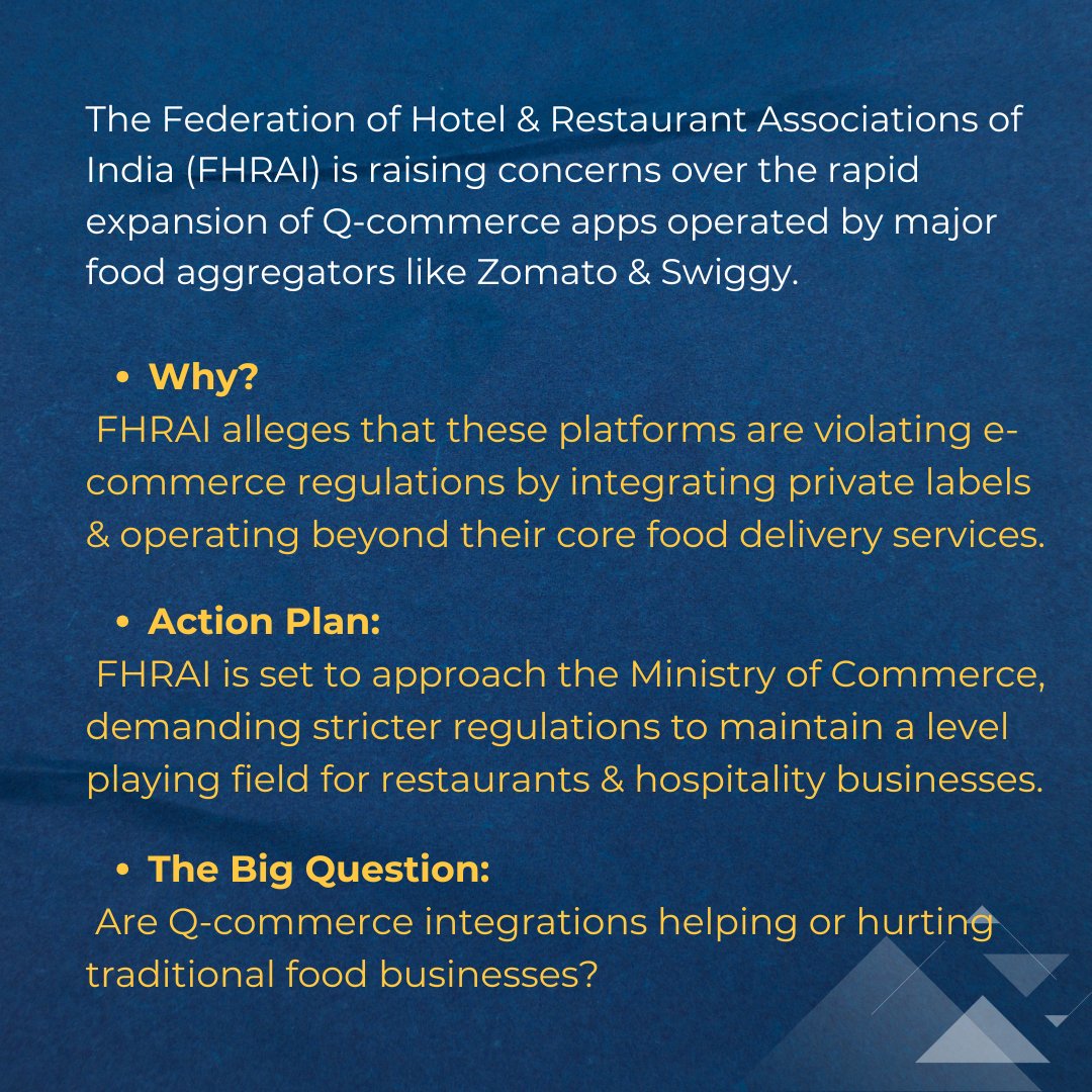 🚨 FHRAI vs. Q-Commerce! 🚨

Are food aggregators disrupting the industry unfairly?

FHRAI (Federation of Hotel &amp; Restaurant Associations of India) takes a stand against Zomato &amp; Swiggy’s rapid expansion. 🍽️⚖️

#foodindustrynews #QCommerceDebate
#qcommerce #foodindustry