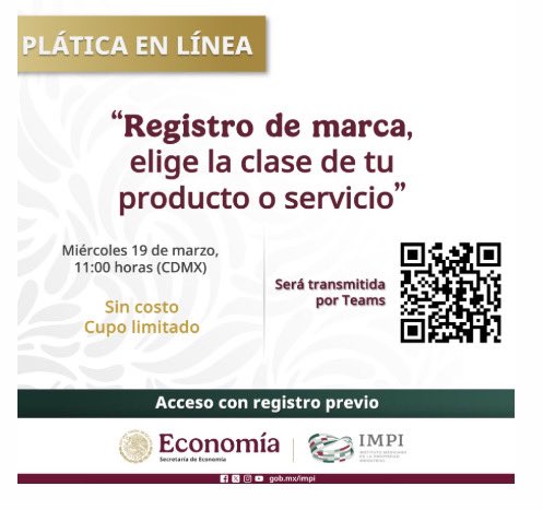 TecNM_MX's tweet photo. #ElTecNMInforma
En el marco del convenio de colaboración suscrito entre el #TecNM y el Instituto Mexicano de la Propiedad Industrial (IMPI), se invita a la #ComunidadTecNM a participar en la plática en línea “Registro de marca, elige la clase de tu producto o servicio”, que se realizará hoy miércoles 19 de marzo, en punto de las 11h.

Registro 👉 https://t.co/omRj47q9dN

#TransformamosLaEducación 
#ExcelenciaEnEducaciónTecnológica 
#TodosSomosTecNM
#SomosTecNM
