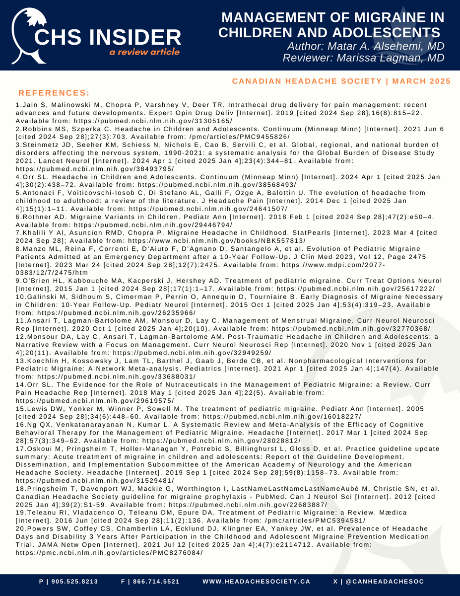 CanHeadacheSoc's tweet photo. 📢The March Issue of the #CHSInsider is out now, focusing on the Management of Migraine in Children and Adolescents. A big thank you to Dr Matar Alsehemi for writing this article, and to Dr Marissa Lagman for the thorough review.     

📢 These Insider articles are available for download to all CHS members in the "Emerging Literature" section of our Members Forum: https://t.co/AWYdXLrrdn 

📢Have a topic in mind for the CHS Insider? Share your ideas with us at info@headachesociety.ca. Let's keep the conversation going!