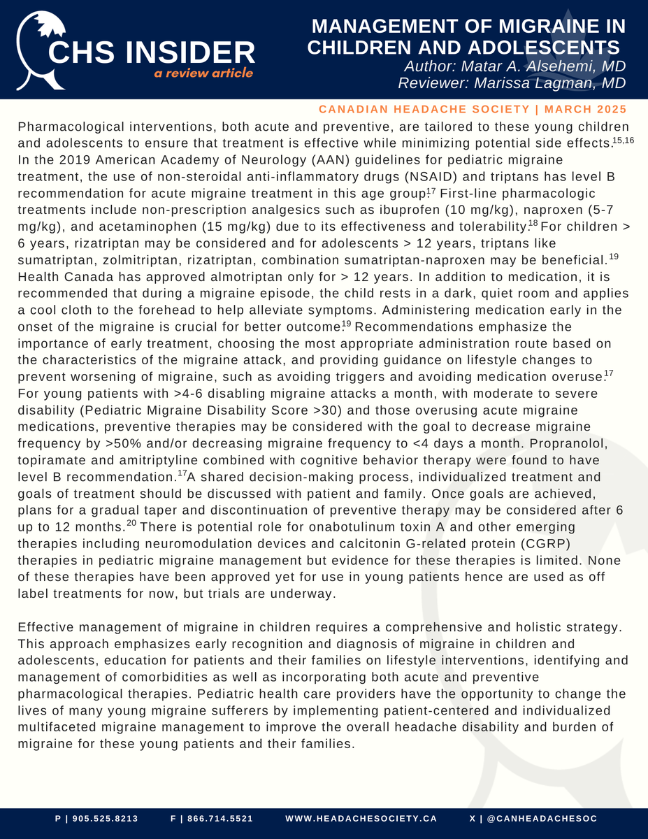 CanHeadacheSoc's tweet photo. 📢The March Issue of the #CHSInsider is out now, focusing on the Management of Migraine in Children and Adolescents. A big thank you to Dr Matar Alsehemi for writing this article, and to Dr Marissa Lagman for the thorough review.     

📢 These Insider articles are available for download to all CHS members in the "Emerging Literature" section of our Members Forum: https://t.co/AWYdXLrrdn 

📢Have a topic in mind for the CHS Insider? Share your ideas with us at info@headachesociety.ca. Let's keep the conversation going!