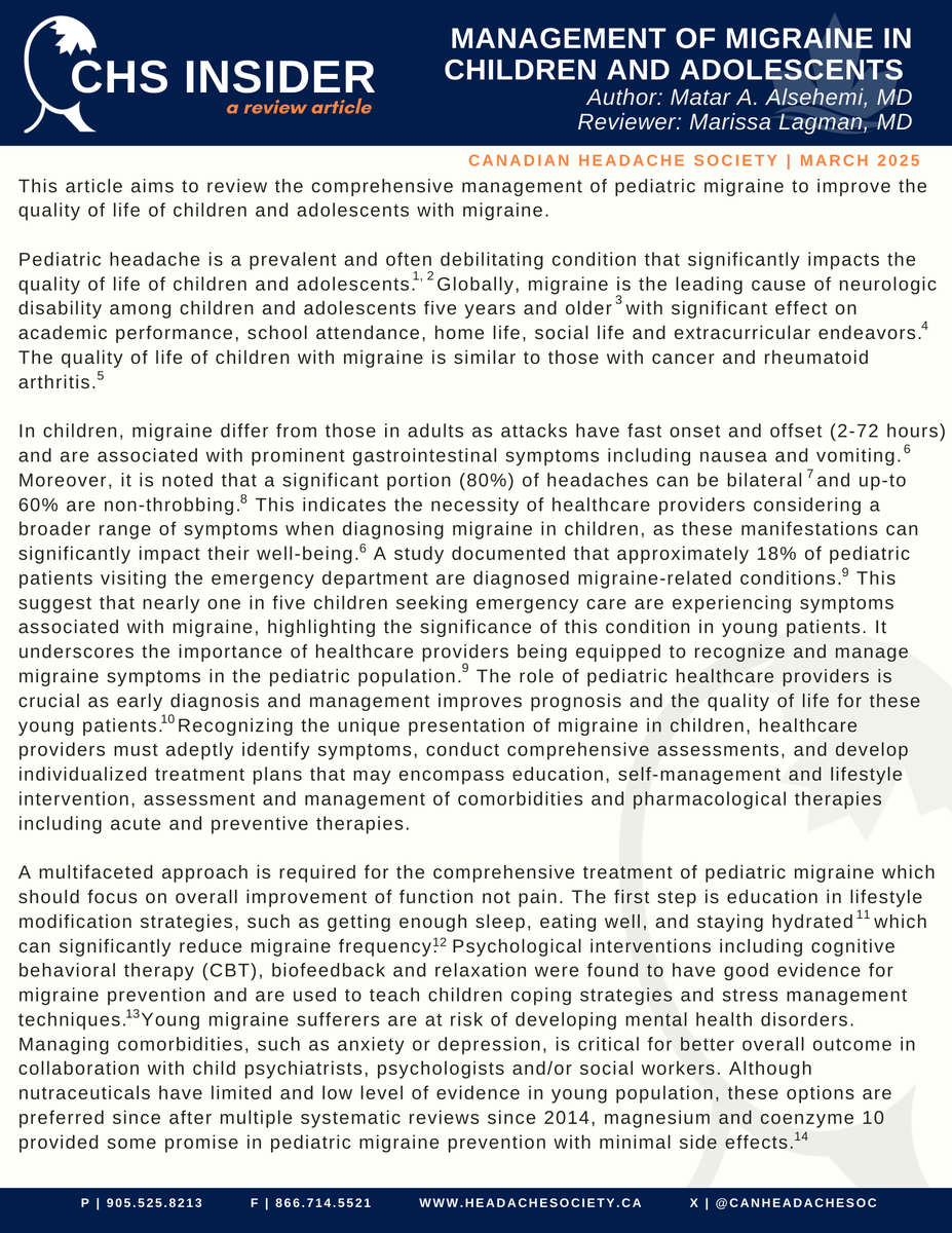 CanHeadacheSoc's tweet photo. 📢The March Issue of the #CHSInsider is out now, focusing on the Management of Migraine in Children and Adolescents. A big thank you to Dr Matar Alsehemi for writing this article, and to Dr Marissa Lagman for the thorough review.     

📢 These Insider articles are available for download to all CHS members in the "Emerging Literature" section of our Members Forum: https://t.co/AWYdXLrrdn 

📢Have a topic in mind for the CHS Insider? Share your ideas with us at info@headachesociety.ca. Let's keep the conversation going!