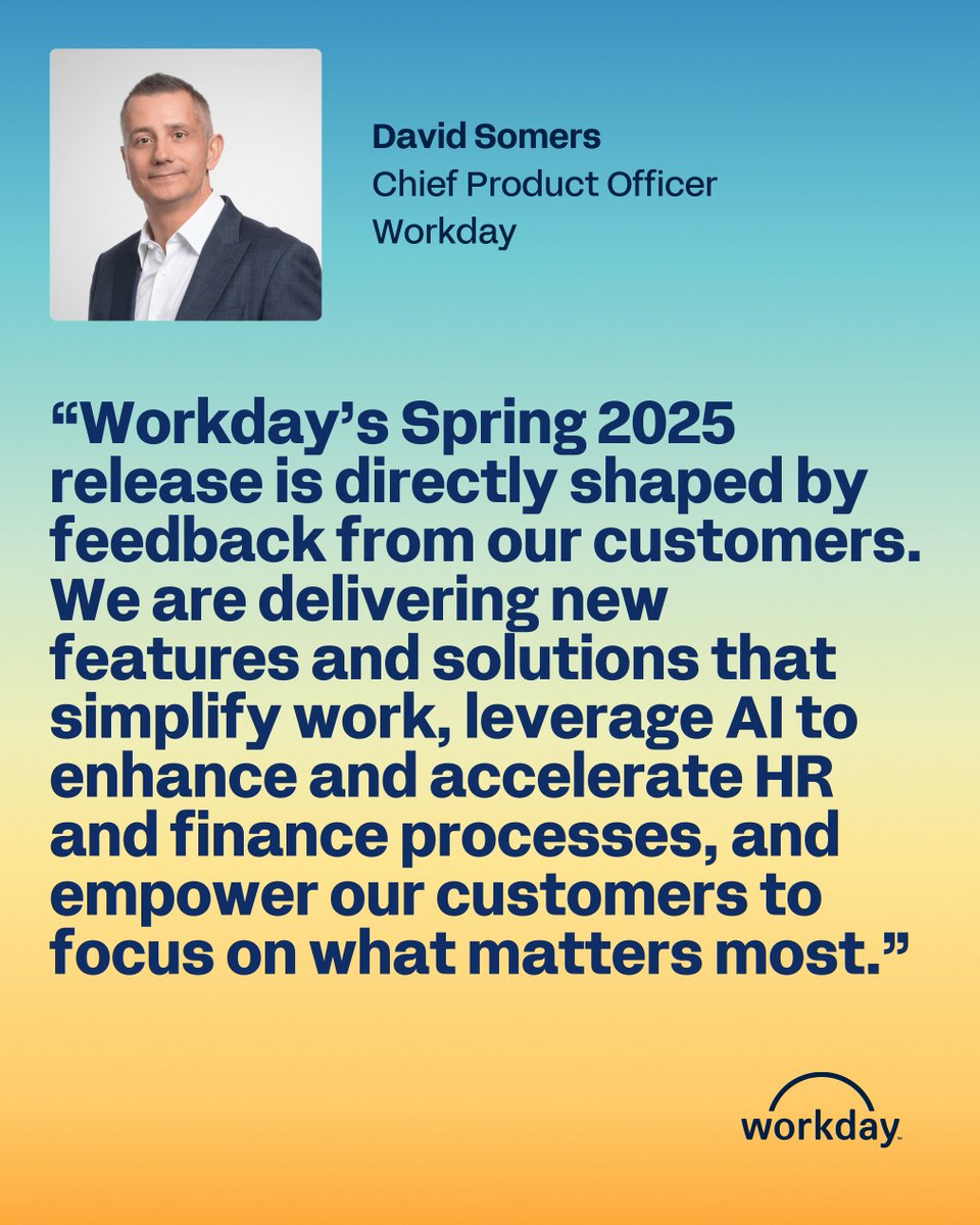 Workday's tweet photo. We are excited to share that Workday’s Spring 2025 Release is here! 🌱✨

With this update, we are unveiling 350+ new innovative features designed to streamline workflows, fuel agility, and help customers navigate the future of work. Read the announcement: https://t.co/oLIpJB0Z6s https://t.co/KjVJHaOuza
