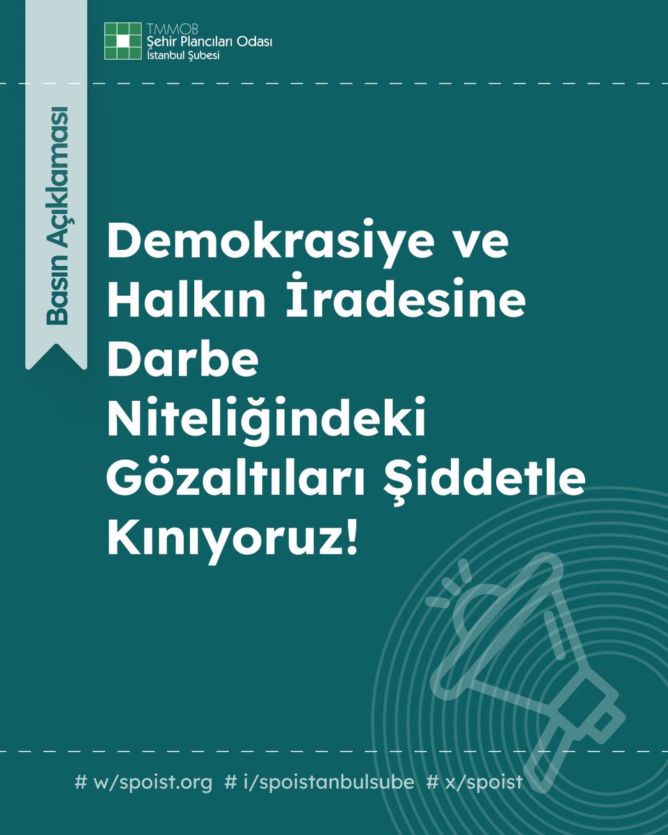 spoist's tweet photo. Demokrasiye ve Halkın İradesine Darbe Niteliğindeki Gözaltıları Şiddetle Kınıyoruz!

İBB'ye yönelik operasyonda Ekrem İmamoğlu başta olmak üzere, aralarında odamız üyesi meslektaşlarımız , Gürkan Akgün, Mehmet Murat Çalık, Emrah Şahan, Buğra Gökçe ve Bayram Taşkın dahil birçok kişi gözaltına alındı. Bu karar,  doğrudan demokrasi ve toplumun bağımsız iradesine karşı açık bir saldırıdır.

Meslektaşlarımızın ve yerel yönetimlerin yanındayız, demokrasimizi ve toplumun geleceğini tehdit eden her türlü baskıya karşı mücadelemizden geri adım atmayacağımızı kamuoyuna duyuruyoruz.