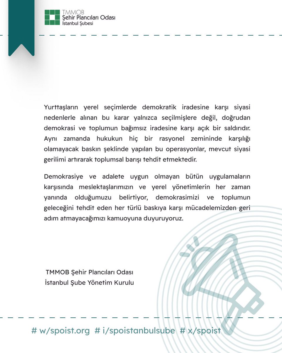 spoist's tweet photo. Demokrasiye ve Halkın İradesine Darbe Niteliğindeki Gözaltıları Şiddetle Kınıyoruz!

İBB'ye yönelik operasyonda Ekrem İmamoğlu başta olmak üzere, aralarında odamız üyesi meslektaşlarımız , Gürkan Akgün, Mehmet Murat Çalık, Emrah Şahan, Buğra Gökçe ve Bayram Taşkın dahil birçok kişi gözaltına alındı. Bu karar,  doğrudan demokrasi ve toplumun bağımsız iradesine karşı açık bir saldırıdır.

Meslektaşlarımızın ve yerel yönetimlerin yanındayız, demokrasimizi ve toplumun geleceğini tehdit eden her türlü baskıya karşı mücadelemizden geri adım atmayacağımızı kamuoyuna duyuruyoruz.