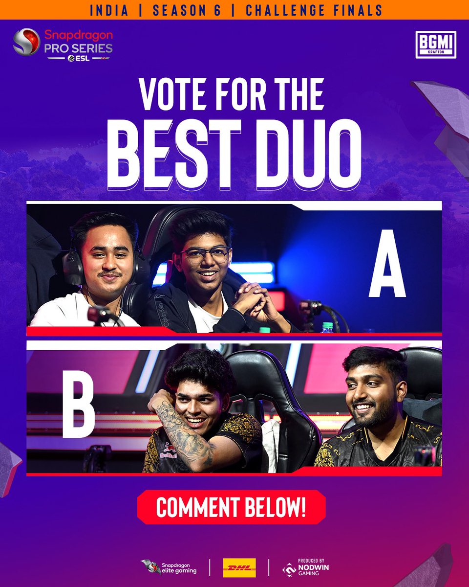 Who's your pick for the BEST DUO? 🤜🤛🔥

Drop an A or B in the comments ⬇️⚡

🎥 Watch now &amp; Rewatch the action on our channels:
📺 YT/FB - ESL India
📺 Rooter/Twitch - Nodwin Gaming

#Snapdragon #SPS #SnapdragonProSeries