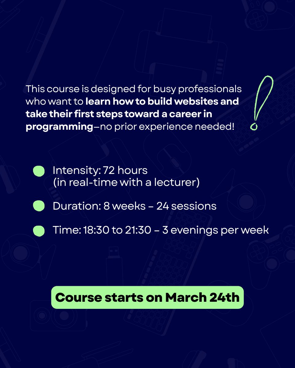 DublinCoding's tweet image. ⌛ Too busy to switch careers? Think again!
Our evening Web Development course is designed for professionals like you—learn coding without quitting your job!
📅 Starts March 24th – Let’s make that career change happen! Register dublincoding.ie/courses/web-de…