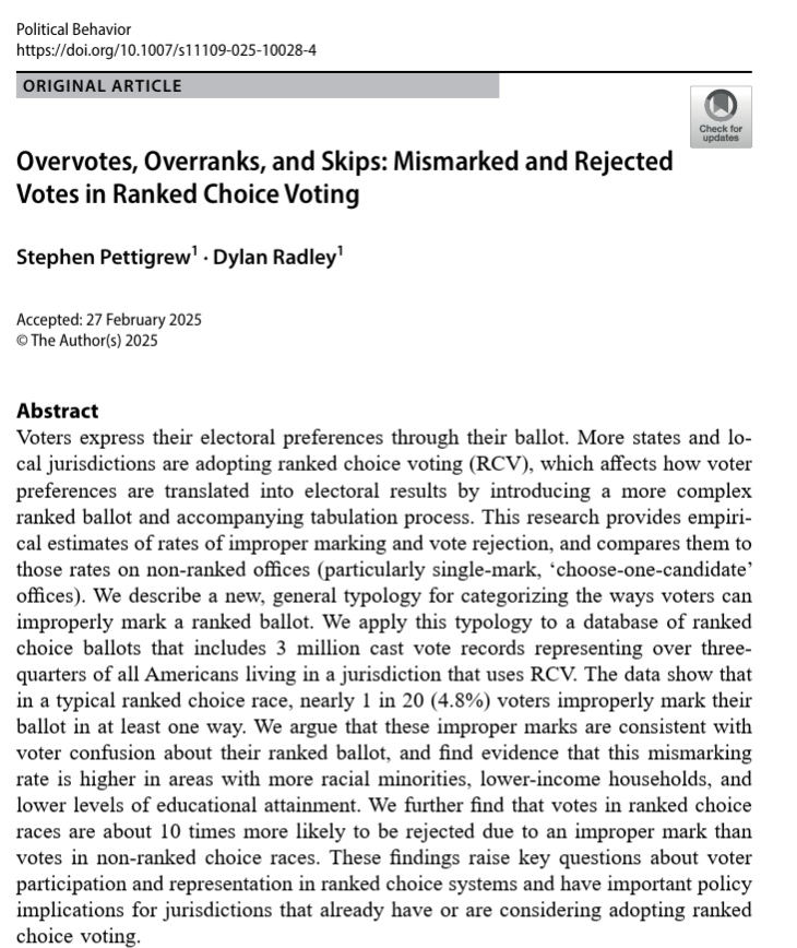 The paper by <a href="/pettigrew_stats/">Stephen Pettigrew</a> (Stephen Pettigrew) and Dylan Radley about errors with RCV ballots has been published in Political Behavior.  Here's the abstract and the link.
link.springer.com/article/10.100…