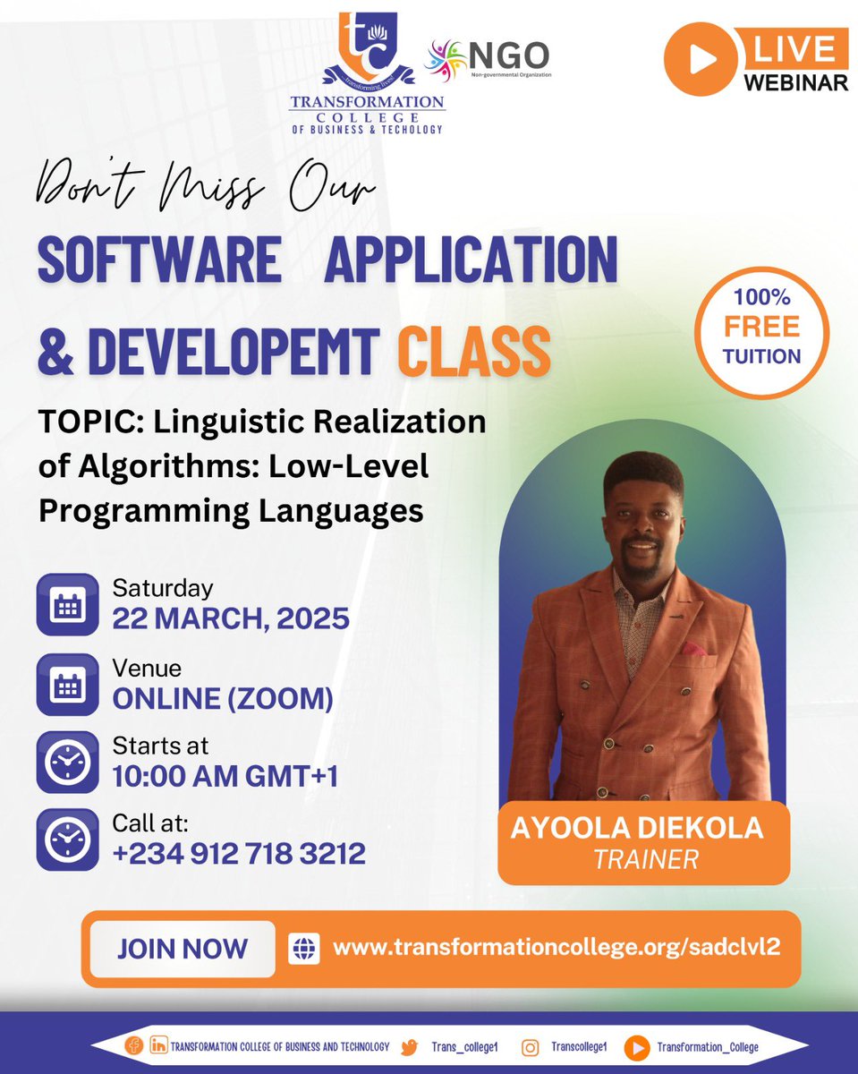 Trans_college1's tweet image. 🚀 FREE Software Dev Class! 💻

Learn Low-Level Programming &amp;amp; Algorithm Linguistics with expert Ayoola Diekola!

📅 March 22, 2025 | ⏰ 10 AM GMT+1 | 📍 Zoom

💯 100% FREE! Register now transformationcollege.org/sadclvl2

📞 +234 912 718 3212

#Coding #SoftwareDevelopment #FreeTech #dolar