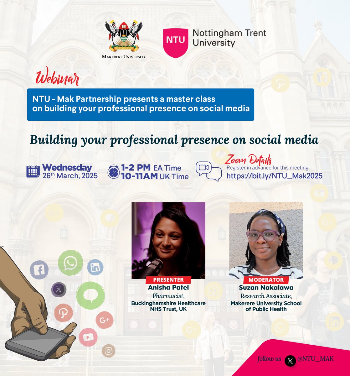 Makerere University School of Public Health (@maksph) on Twitter photo The <a href="/NTU_MAK/">NTU-MAK Partnership</a> Partnership is excited to invite you to an online master class on “Building Your Professional Presence on Social Media.”
🗓️ Wednesday, 26th March 2025
🕰️ 1:00 PM - 2:00 PM EAT
Meeting Link: bit.ly/NTU_Mak2025
Presenter:
Anisha Patel, Pharmacist at The <a href="/NTU_MAK/">NTU-MAK Partnership</a> Partnership is excited to invite you to an online master class on “Building Your Professional Presence on Social Media.”
🗓️ Wednesday, 26th March 2025
🕰️ 1:00 PM - 2:00 PM EAT
Meeting Link: bit.ly/NTU_Mak2025
Presenter:
Anisha Patel, Pharmacist at