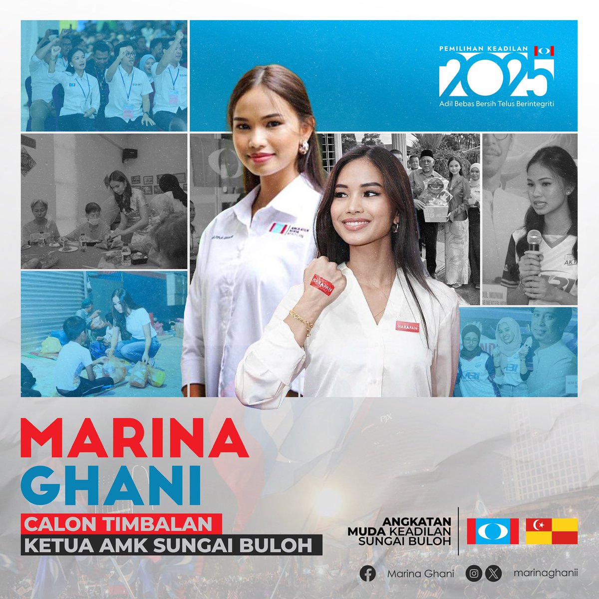Bismillahirahmanirahim.
Assalamualaikum w.b.t
Salam Sejahtera, Salam Reformasi dan Salam Malaysia Madani.

Dengan penuh iltizam, saya Siti Nur Qamarina Mohd Ghani (Marina Ghani) dengan rendah hati menawarkan diri sebagai calon Timbalan Ketua AMK Sungai Buloh.