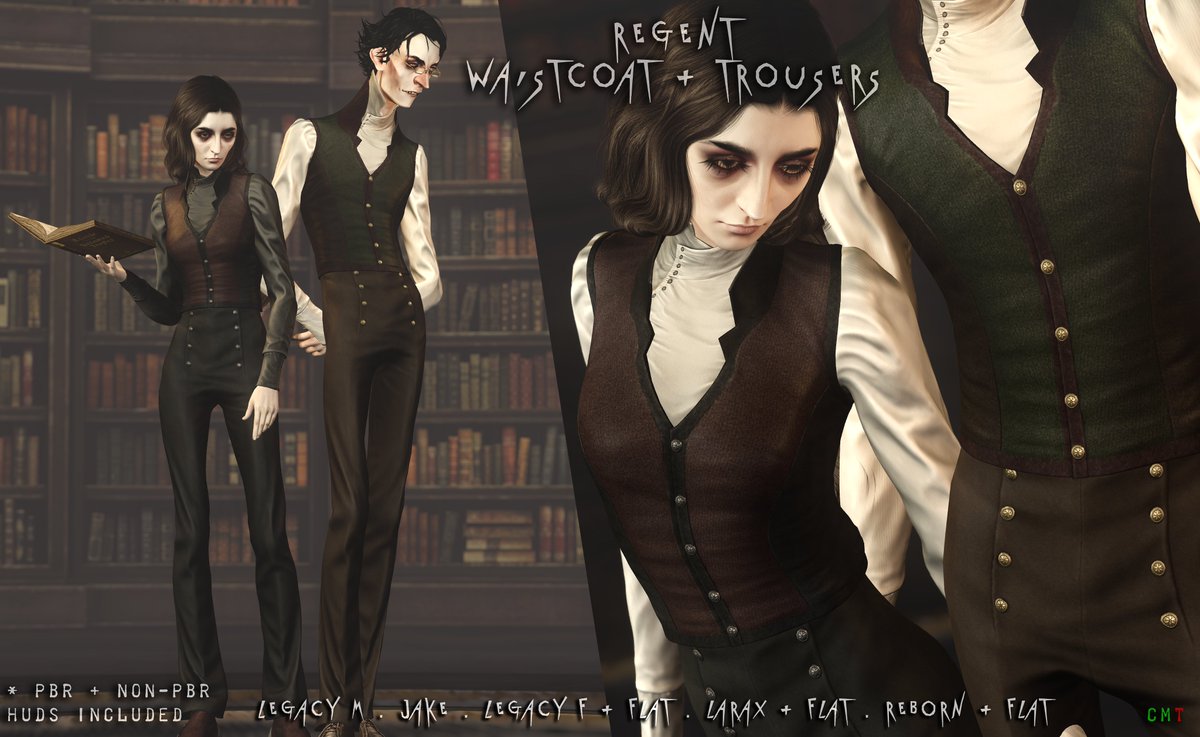 Engine Room opens tomorrow! March 20th at 12PM SLT.
maps.secondlife.com/secondlife/Syn…

This unisex outfit (Waistcoat Trousers) is rigged for:
Legacy M, Jake, LegacyF (+Flat), LaraX (+Flat) and Reborn (+Flat). 

See Flickr for more info:
flickr.com/photos/haydena…