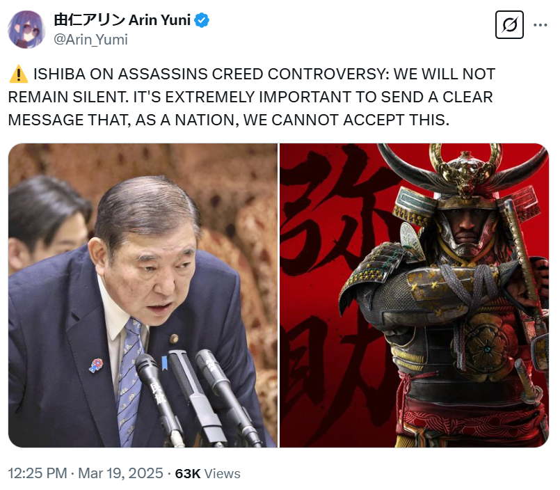 Beware of misleading tweets about Japanese Prime Minister Ishiba's views on Assassin's Creed Shadows: He was denouncing real life vandalism of shrines. Japan's government has not announced it will take action against historical fiction video games.