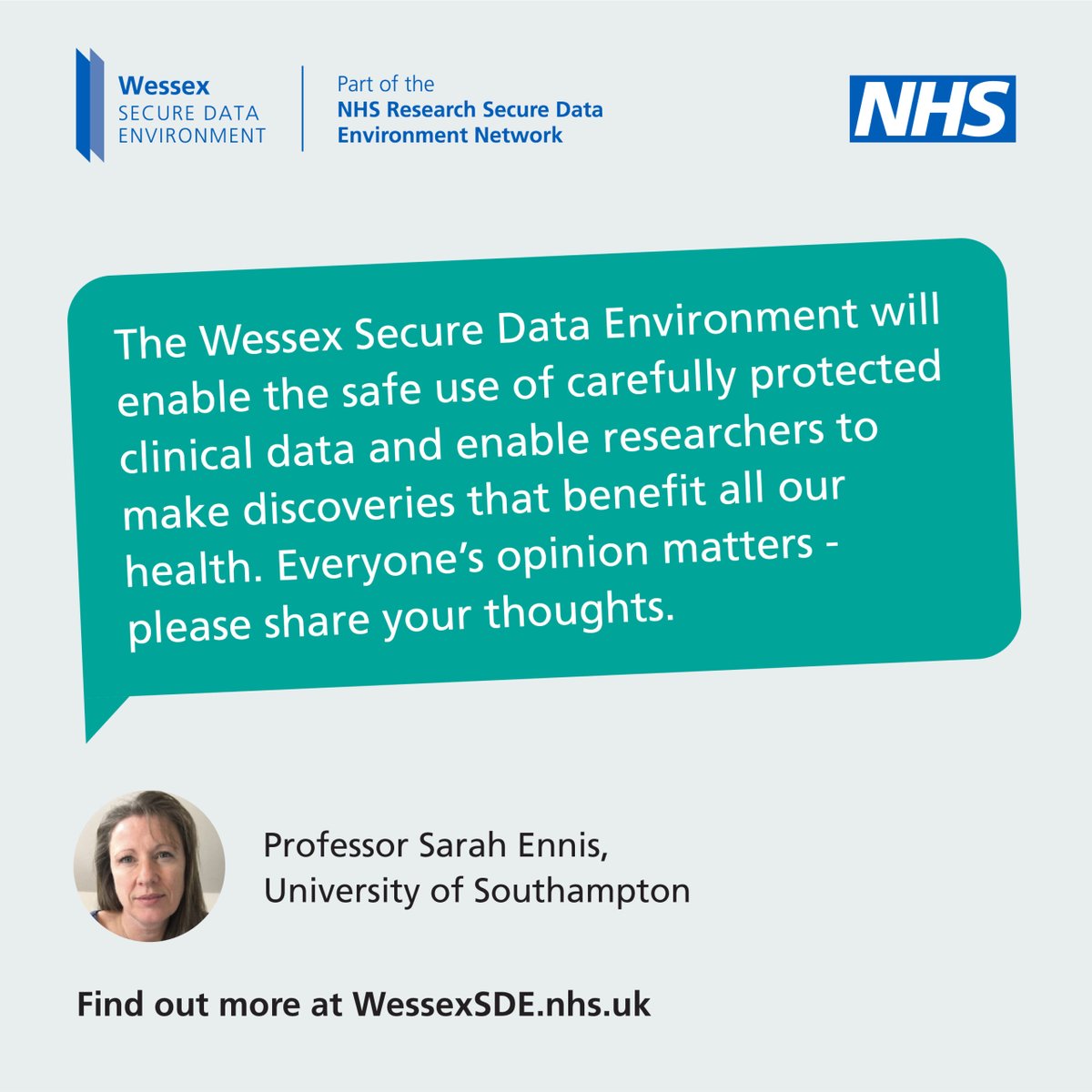 Professor Sarah Ennis <a href="/UHSFTresearch/">Health Research | Southampton</a> encourages everyone to have their say about using NHS data for research: WessexSDE.nhs.uk/have-your-say #ImprovingTomorrowsHealth #datasaveslives #healthdata #WessexSDE