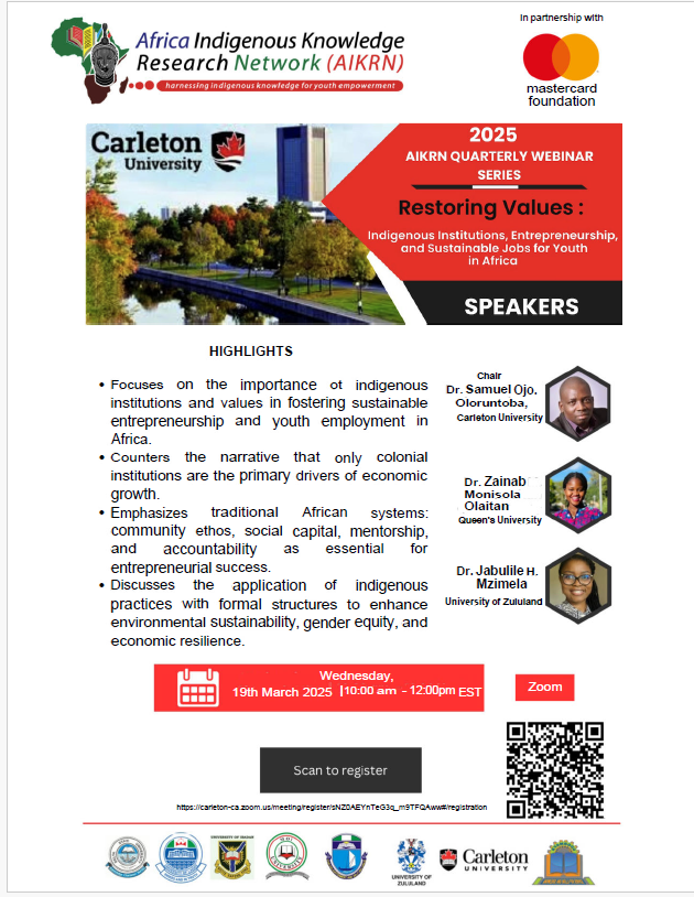 🚨 Starting in 30 minutes! 🚨

Join us for "Restoring Values: Indigenous Institutions, Entrepreneurship &amp; Sustainable Jobs for Youth in Africa." 
Date and time: March 19, 2025| 10 am EST
Don’t miss out—register now! 🔗carleton-ca.zoom.us/meeting/regist…
#YouthEmployment