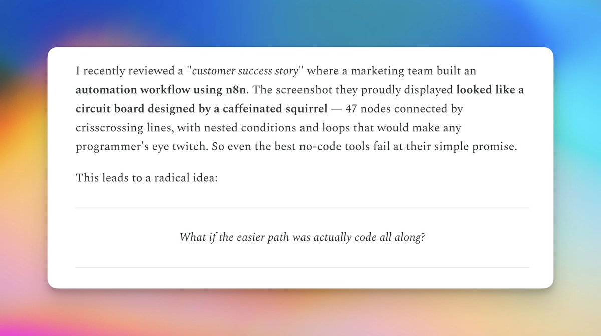 Code is the new no-code. 

I've seen a wave of former no-code users like @ssdthefirst get extremely excited about what we're building with <a href="/gensx_inc/">GenSX</a>.

( blog linked in thread)