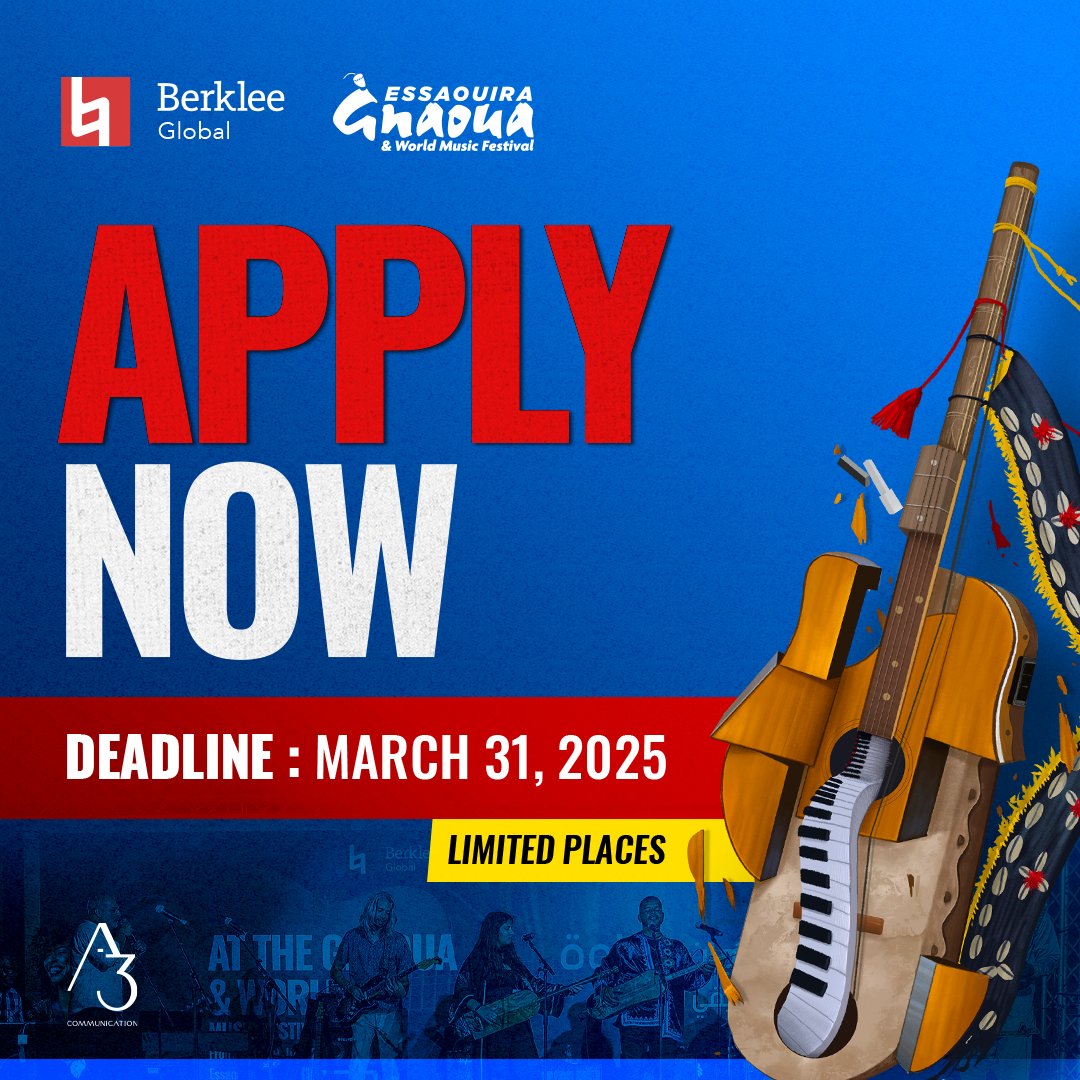 Deadline alert!
Apply by March 31 for Berklee at the Gnaoua and World Music Festival in Essaouira, Morocco🇲🇦
A special opportunity to learn from top faculty in an unforgettable setting.
Don’t miss out—apply now! berklee.edu/berkleeonthero…

#morocco #berklee #berkleeglobal