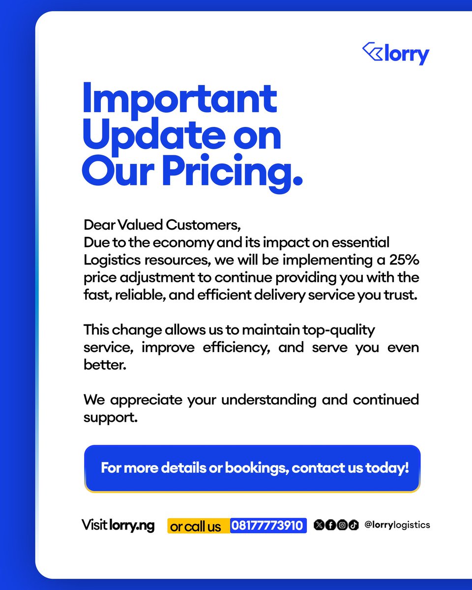 LorryLogistics's tweet photo. Times are tough, and we feel it too. To keep delivering the seamless service you trust, we’re making some necessary adjustments, starting next week.  

Thank you for your support,we don’t take it for granted! 🙏  

#lorrylogistics #ibadanlogistics #logistics #deliveryservice https://t.co/990Qa4Zcao